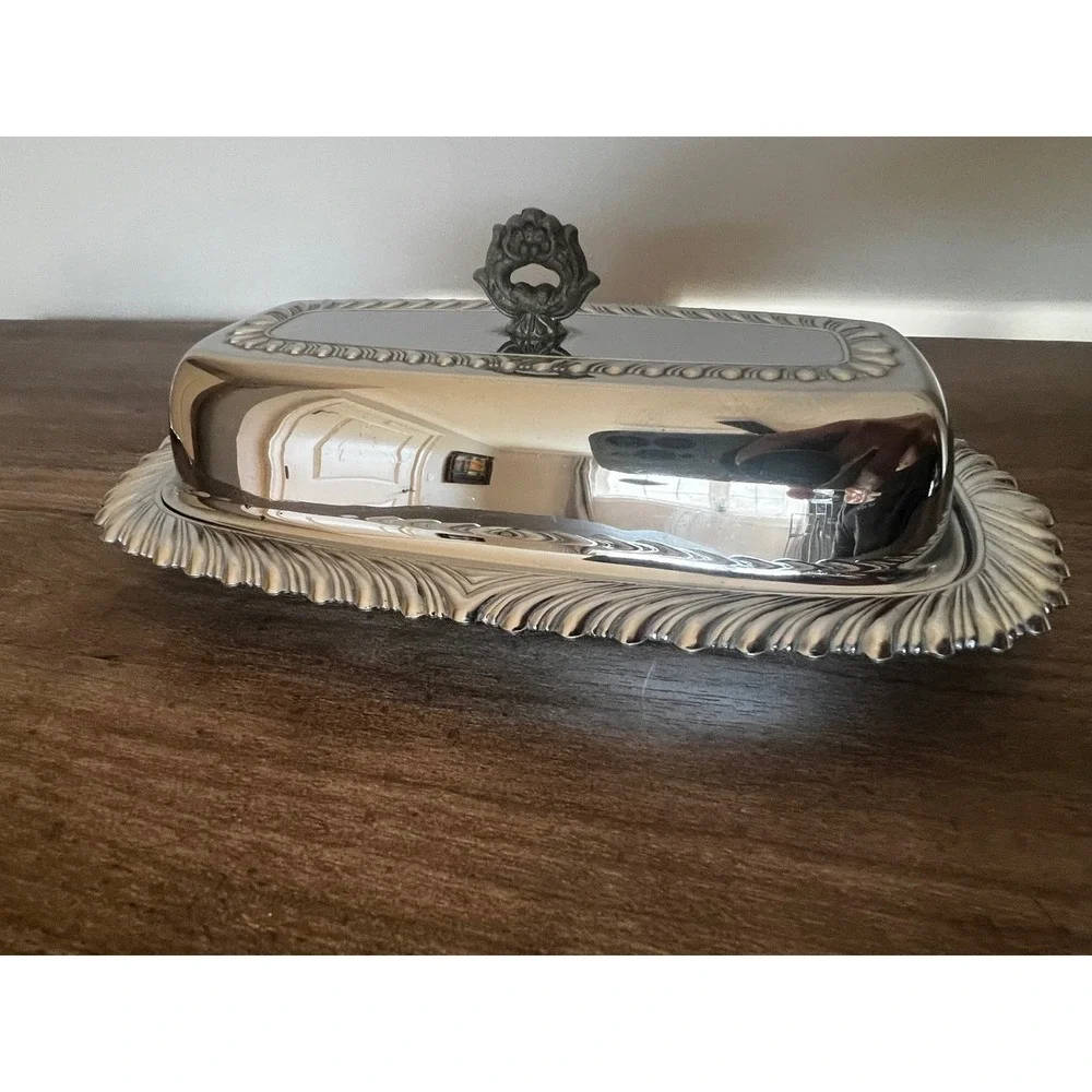 Vintage Chrome Butter Dish with Domed Lid and Ornate Feathered Edge